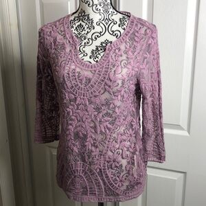 Adiva Blouse Purple See Thru Lace 3/4 Sleeve Dip Neck M